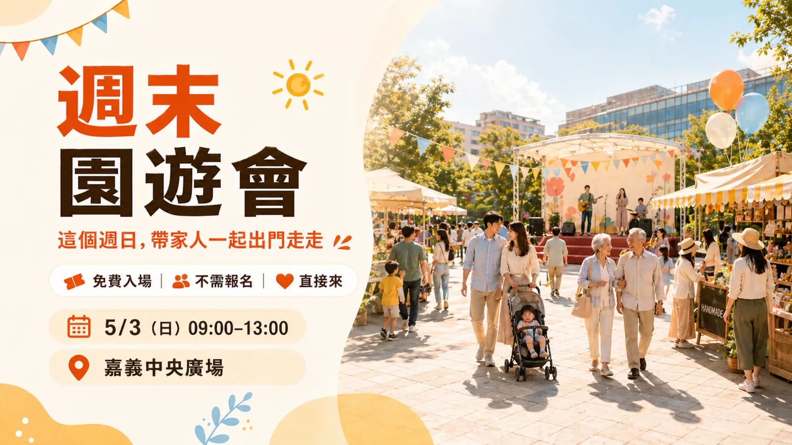 週末園遊會活動視覺：家人、朋友與長輩在戶外廣場一起逛園遊會